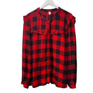 OLD NAVY Buffalo Plaid Ruffle Shirt XXL Rayon Flannel Womens Top